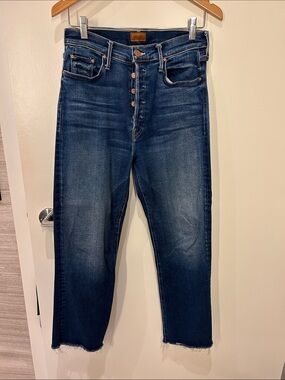 MOTHER Men's Dark Blue Straight Jeans with Button-Fly - Tripper Ankle Fray